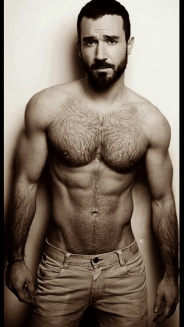 handsome, hunk, shirtless guy, pecs, abs, beard