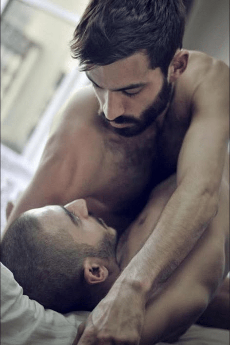 men in bed, men cuddling, beard, hairy chest