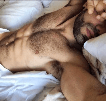 sexy guy in bed, beard, chest, hairy