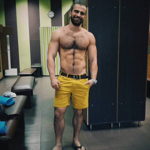 handsome, hairy, hunk, muscles, yellow