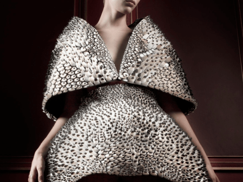 Designed by Iris van Herpen and Neri Oxman, printed by Stratasys, Anthozoa Cape and Skirt, Voltage Haute Couture Collection, 2013. Object Connex multiple-materials; 3-D printed. Museum purchase with funds donated by the Fashion Council. © M. Zoeter x Iris van Herpen. Photography by Ronald Stoops.