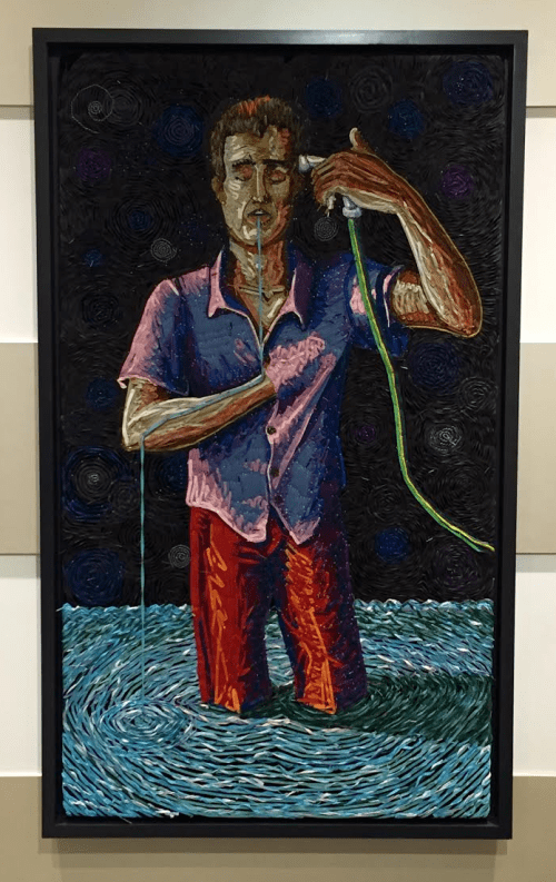 "Brain Wash" by Federico Uribe made from shoelaces and pins at Adelson Galleries Boston