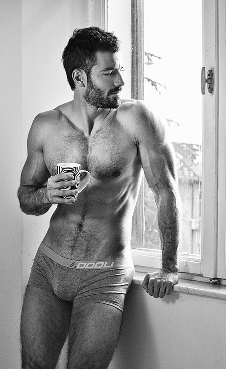 underwear, muscles, handsome, hunk, man drinking coffee