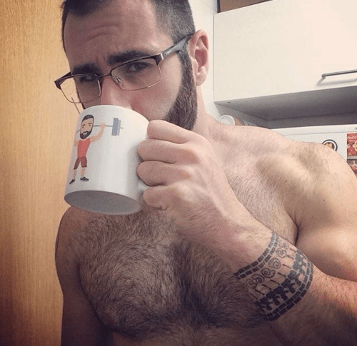 handsome, hairy, hunk, man in glasses, coffee