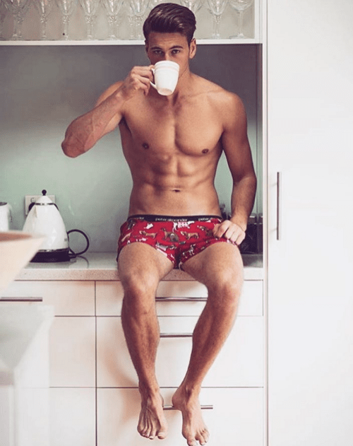 handsome, hunk, man drinking coffee, man in underwear