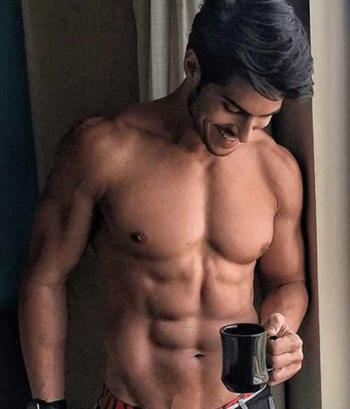 handsome guy with coffee, abs, handsome, muscles
