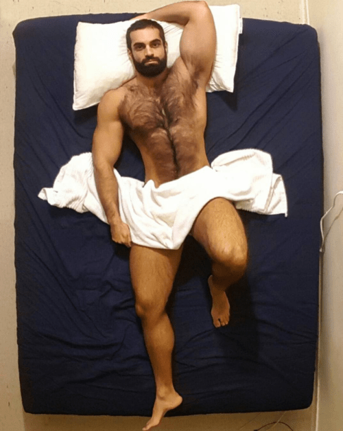 man in bed, hairy, hunk, handsome, furry