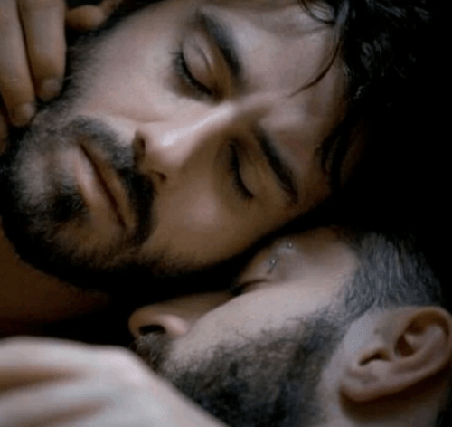 men embracing, men in bed, hairy men, beards