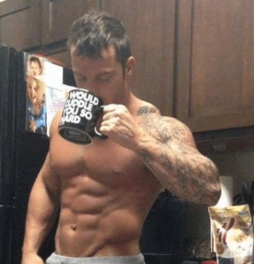 hunk, muscles, man drinking coffee