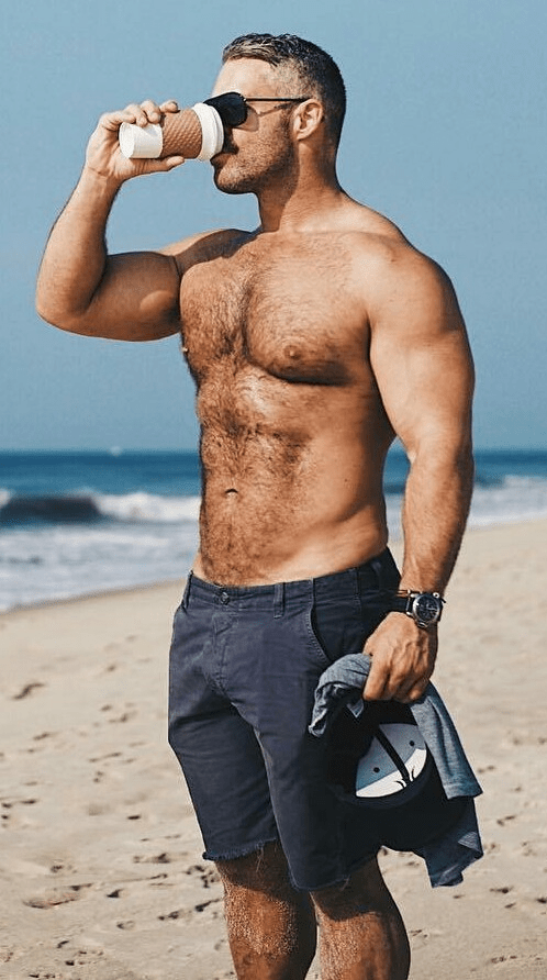 shirtless guy on beach, man drinking coffee, handsome, hunk, muscular guy