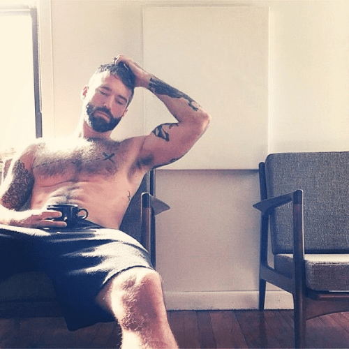 handsome, hunk, shirtless guy, hairy, furry, man drinking coffee
