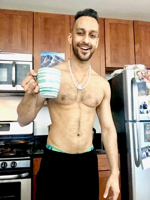 Saturday morning coffee, handsome, shirtless guy, Sheraz