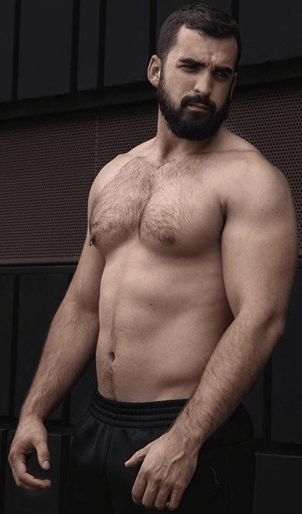 handsome, hunk, shirtless muscular guy, hairy