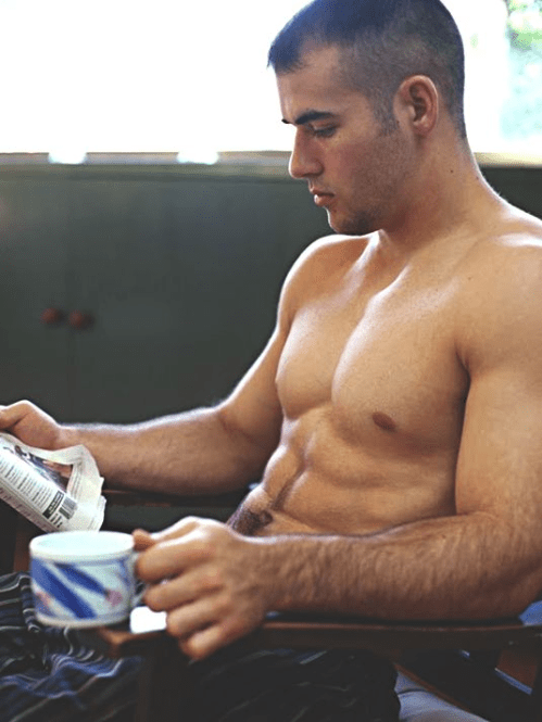 sexy guy reading the paper, shirtless guy with coffee