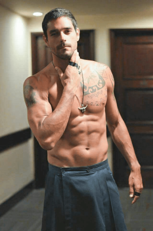 handsome, hunk, shirtless guy, guy wearing a kilt, muscular guy