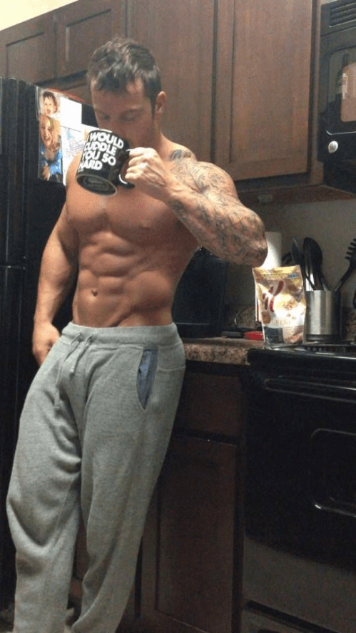 handsome, hunk, guy drinking coffee, shirtless guy drinking coffee