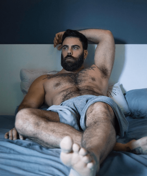 handsome guy in bed, hunk, hairy guy in bed