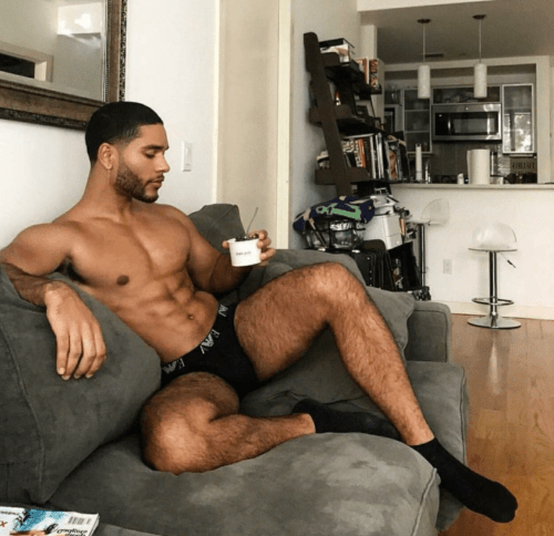 handsome, hunk, man drinking coffee in his underwear