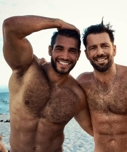 handsome, hunk, men on a beach, hairy men, muscular men
