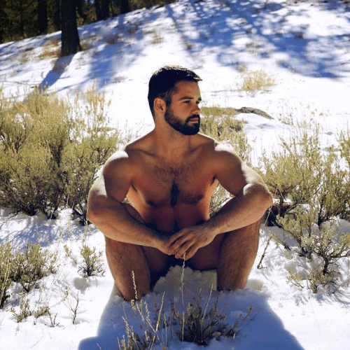 naked, handsome, hunk, hairy, guy in the snow