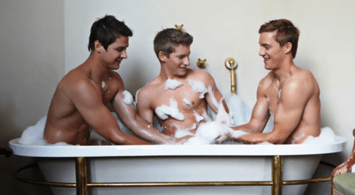 three men in a tub, men taking bath