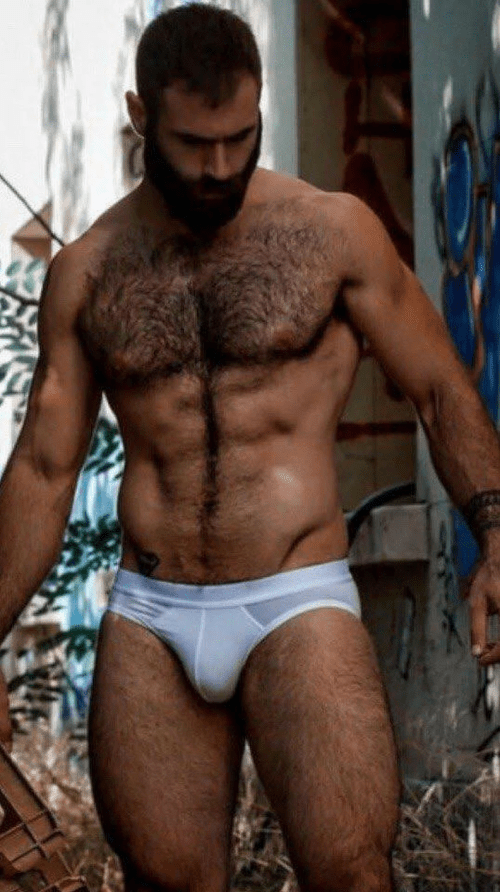 hairy man wearing white underwear