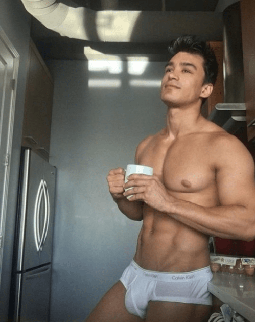 handsome hunk, guy drinking coffee, guy in underwear
