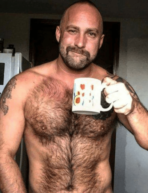 handsome guy drinking coffee, hairy hunk