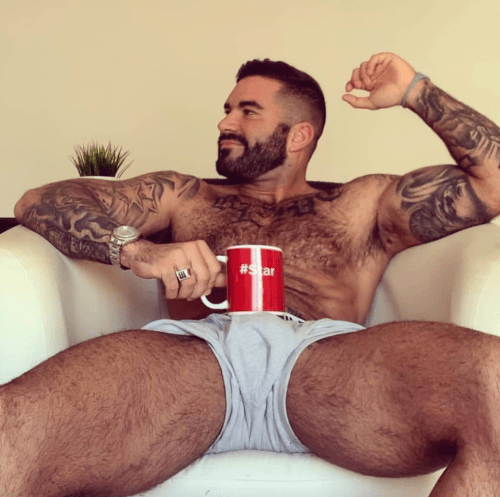 handsome man drinking coffee, hairy hunk