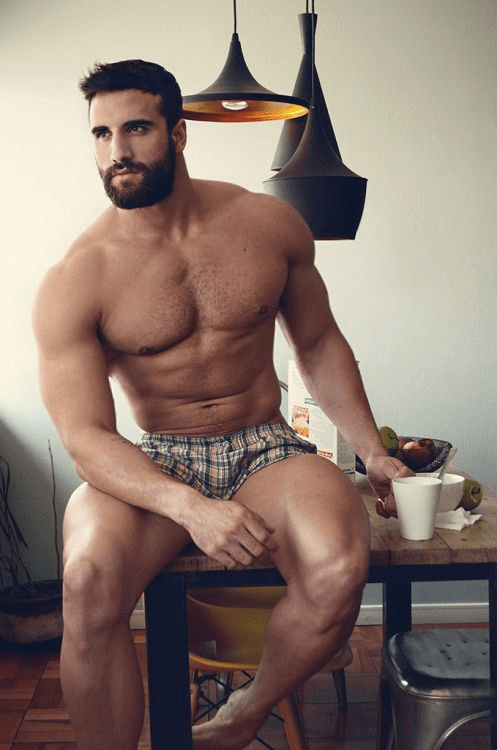 shirtless man, hunk, handsome, coffee drinker