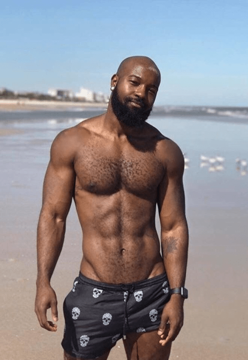 lean, muscular black man, hairy